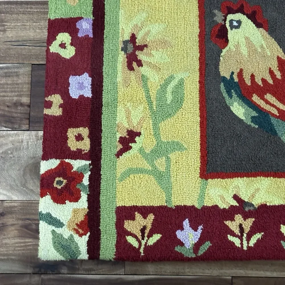Handmade Hooked Rooster Rug Kitchen Entry Door Mat Centerpiece Farm Country Red